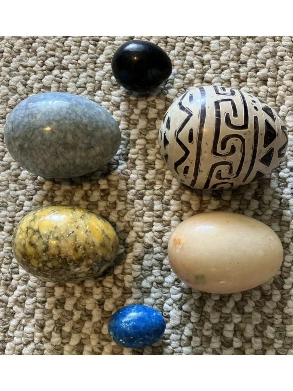 Lot Of 6 Stone/Marble Eggs 3” (4), 1 3/4” (2) Various Colors